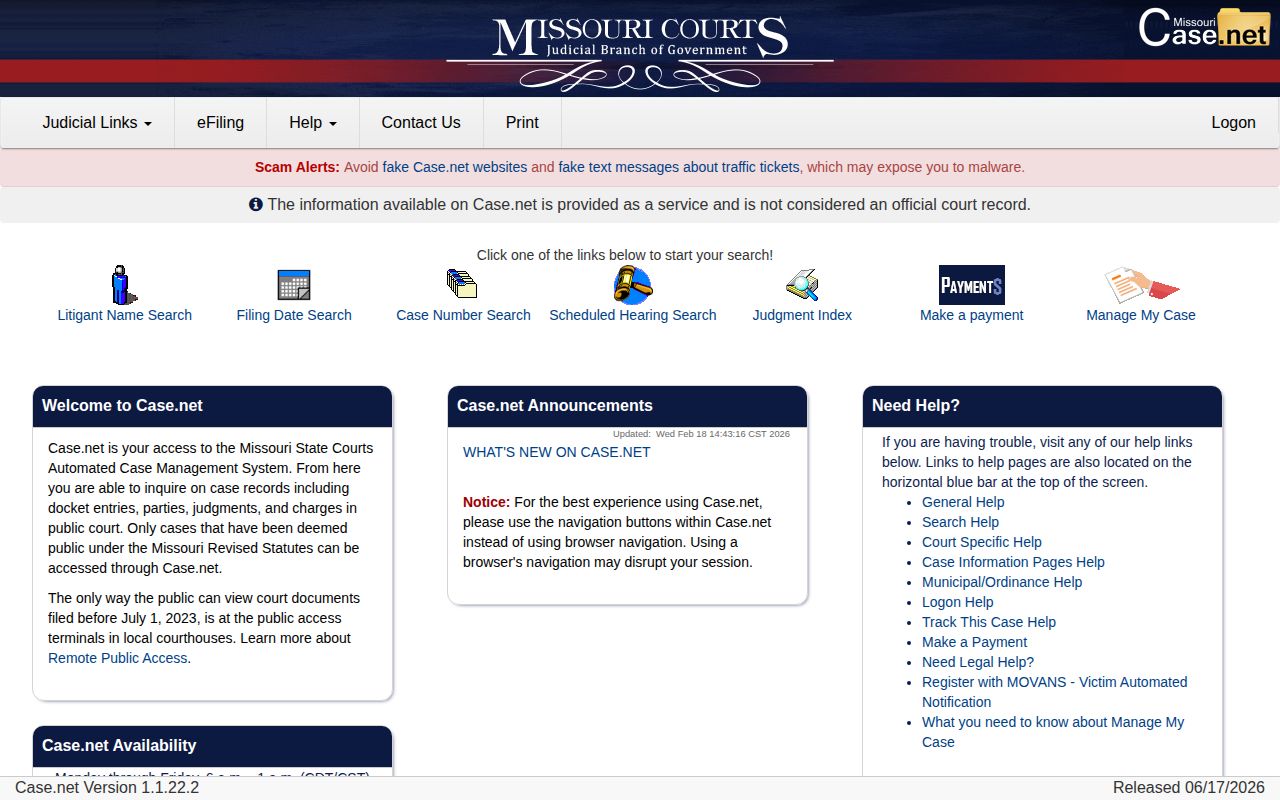 Case.net search for Barry County inmate release court records