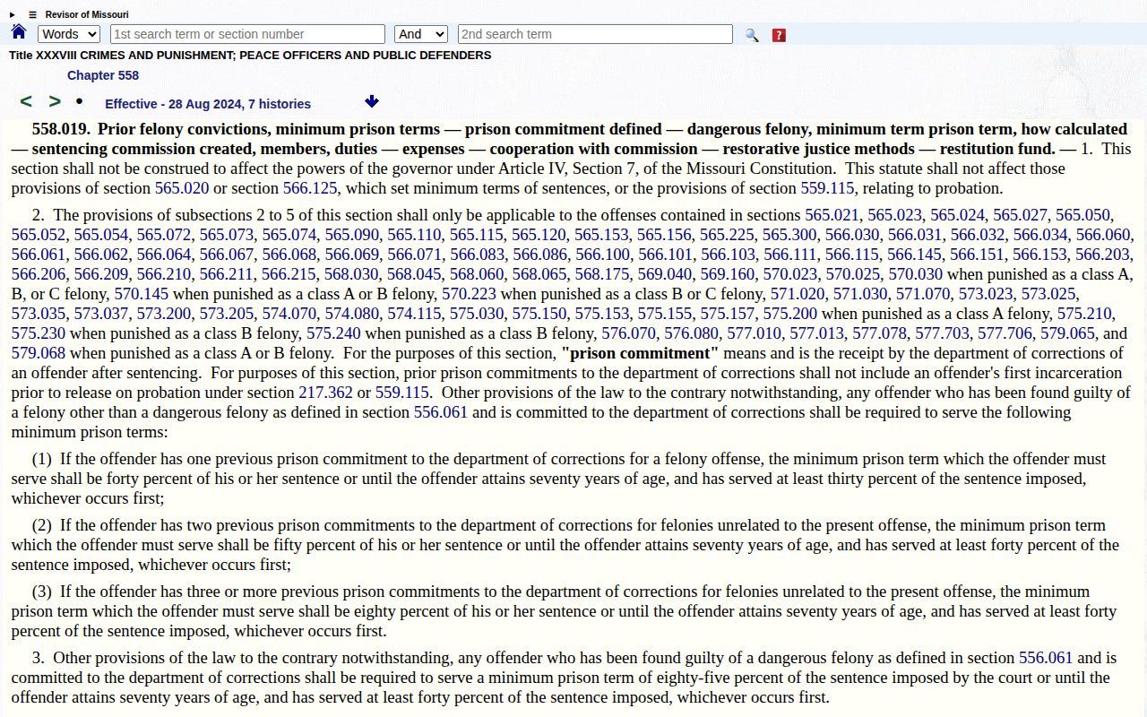 Missouri minimum prison term statute for Barry County inmate release date research