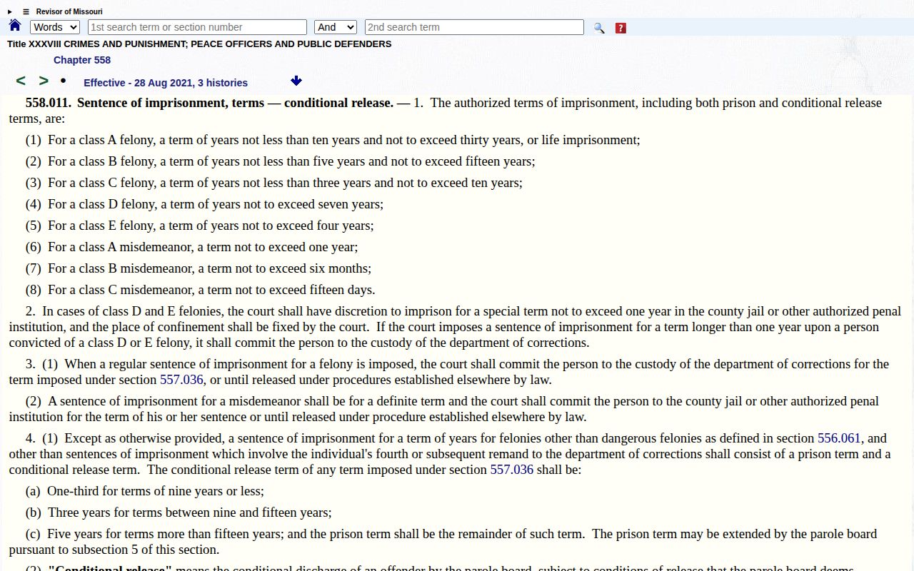 Missouri conditional release law used for Barry County inmate release date calculations